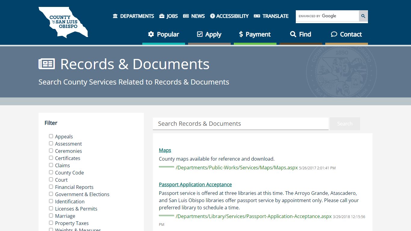 Records & Documents - County of San Luis Obispo - California
